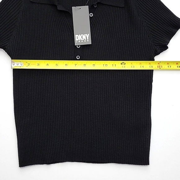 DKNY Women's Black Ribbed Knit Short Sleeve Collar Top Size Large - Picture 10 of 10